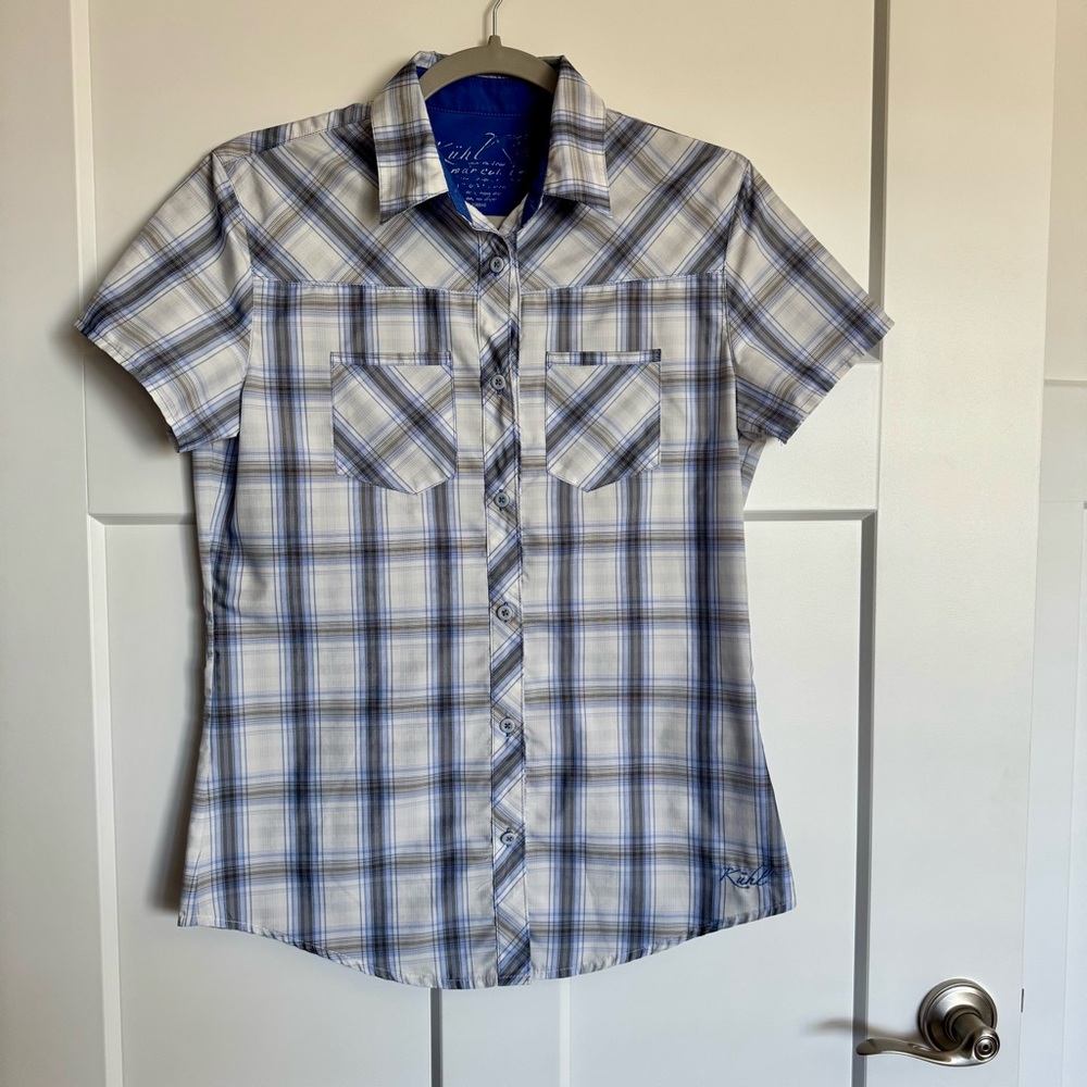 Kuhl Blue White Plaid Button Down Short Sleeve Shirt Hiking Country Size S